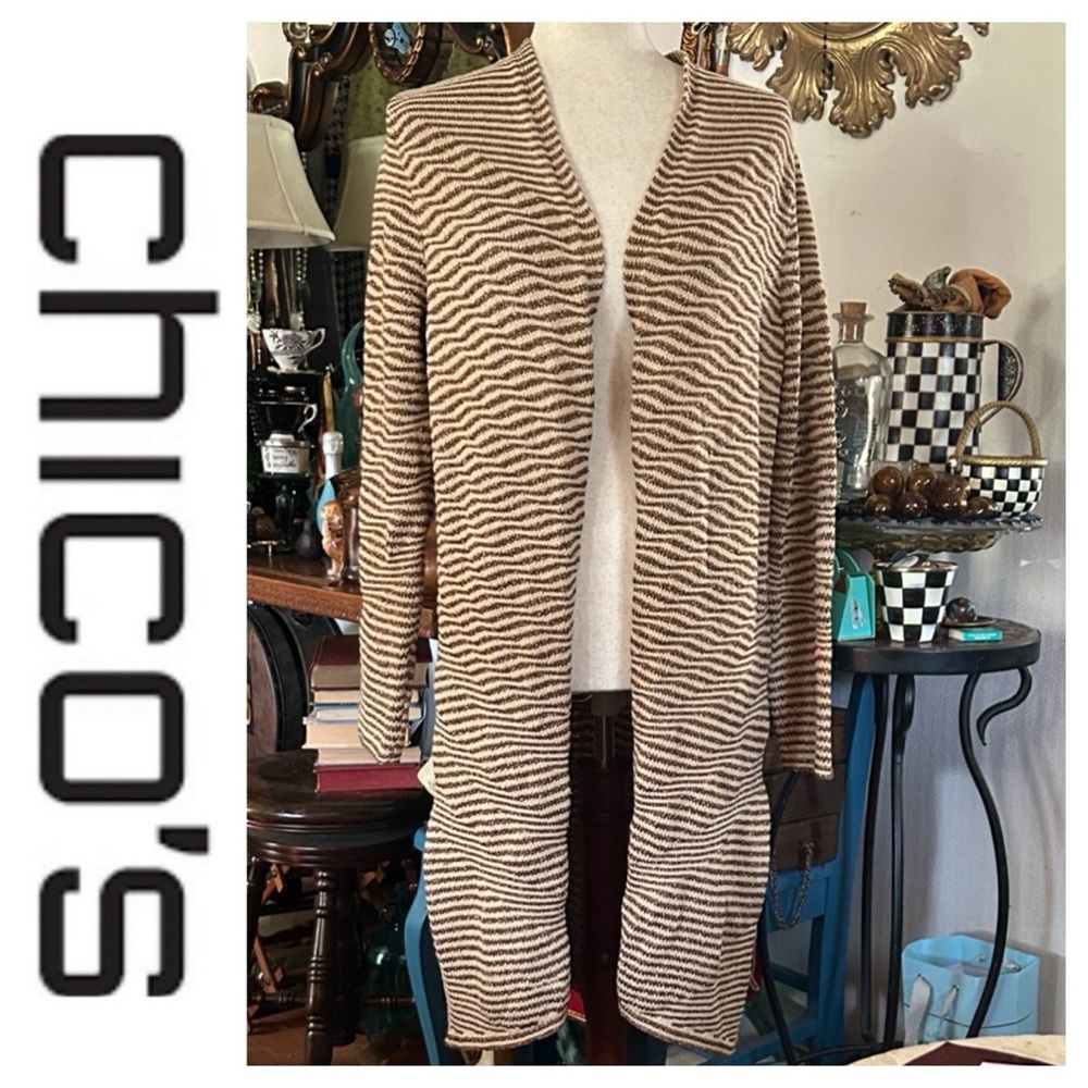 Gold Metallic & Cream Stripped Open Sweater Cardigan Duster - Picture 2 of 10